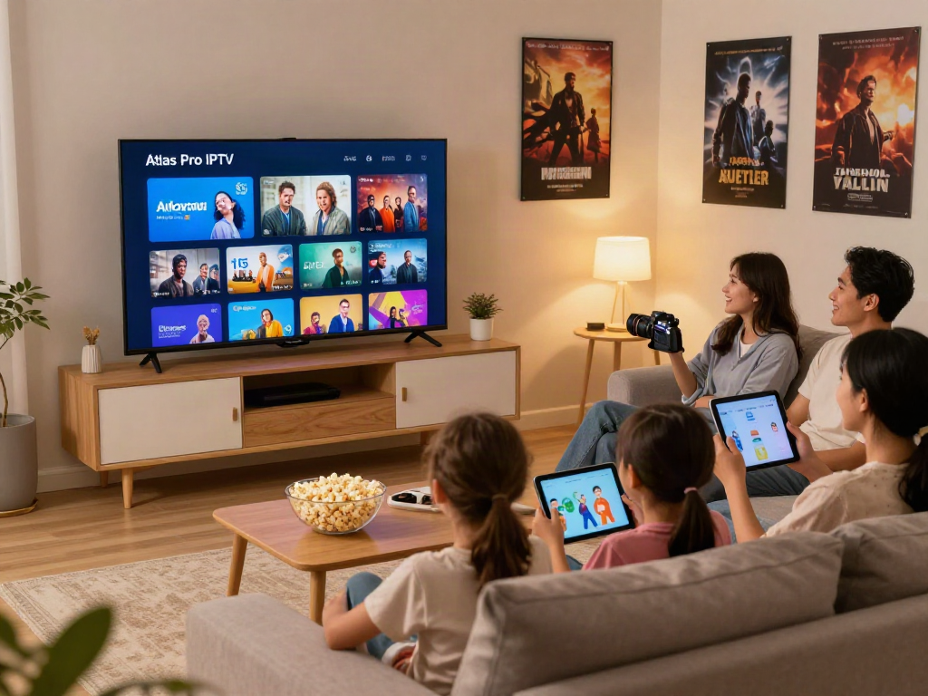 Famille profitant des chaînes avec Atlas Pro IPTV dans un salon chaleureux