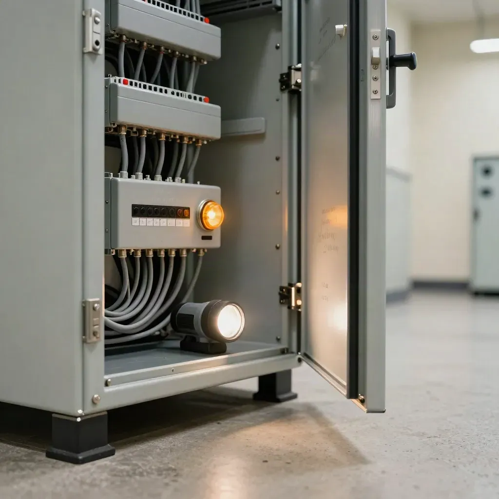Gros plan d’une armoire électrique ouverte avec voyant ambre et repères de diagnostic.