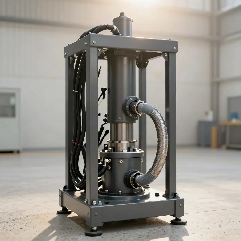 Machine neuve installée sur plots, câbles et flexible inox, vue ras du sol.