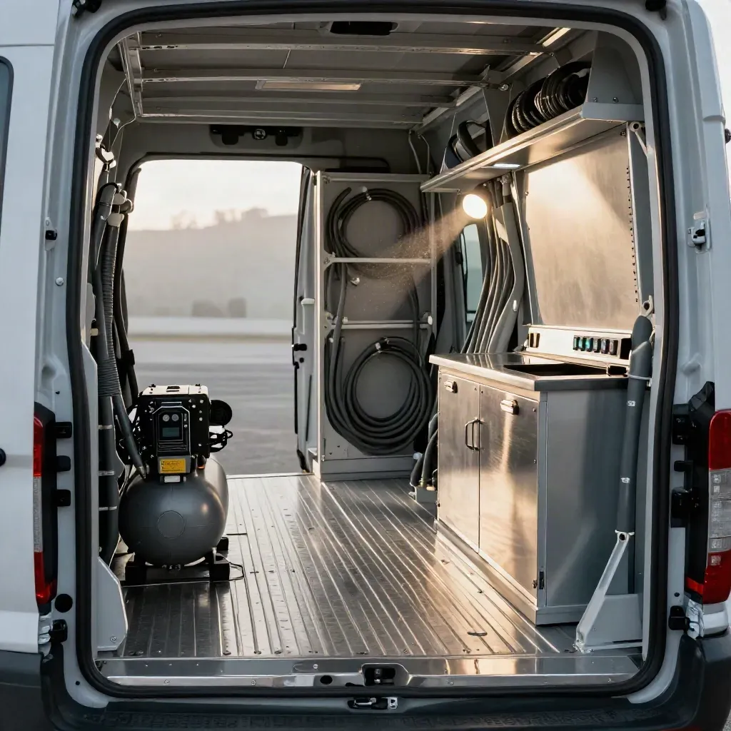 Atelier mobile compact installé dans un fourgon, trappes ouvertes et lumières de test allumées.