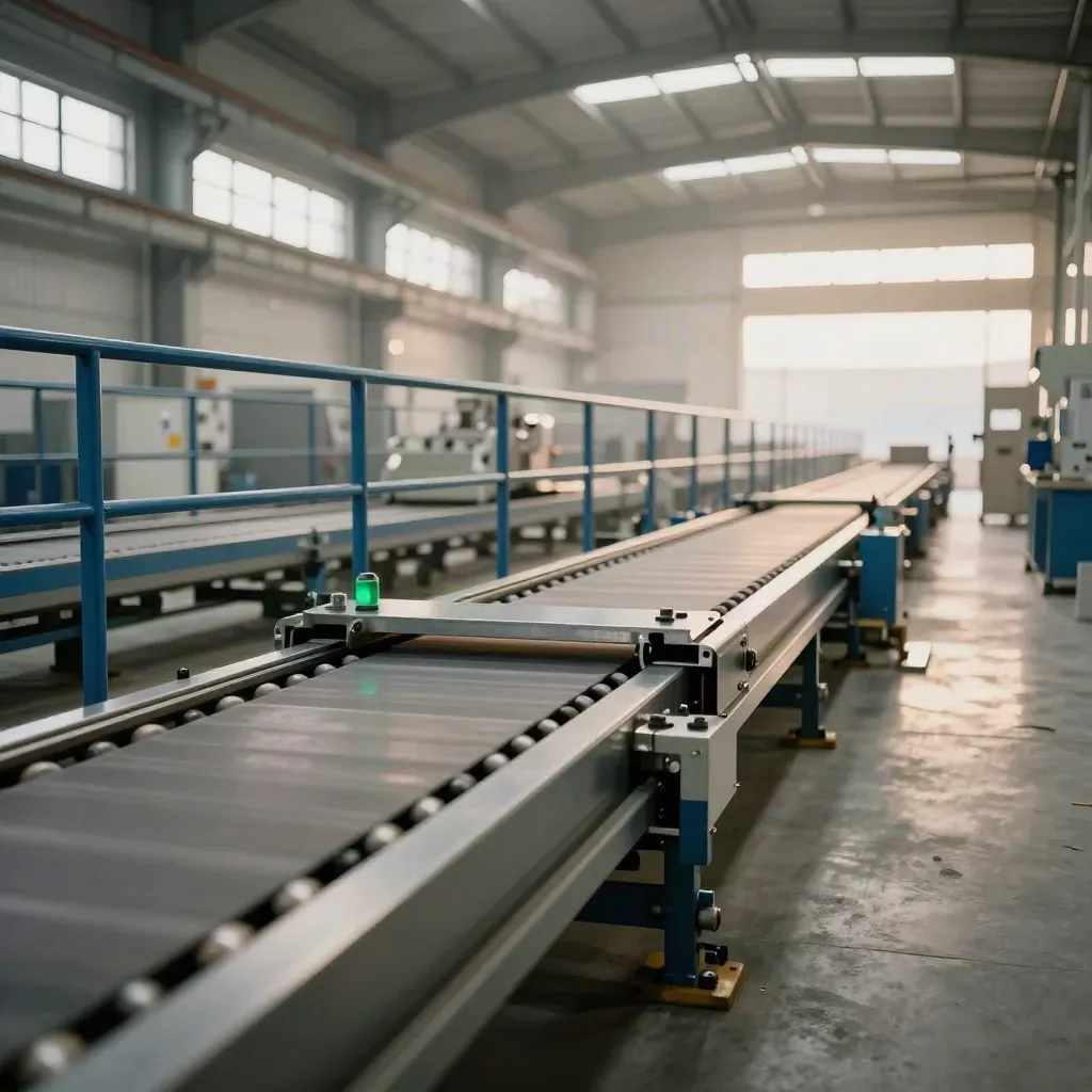 Ligne de production remise en route, convoyeur propre, témoin vert et pièce neuve dans un atelier lumineux.