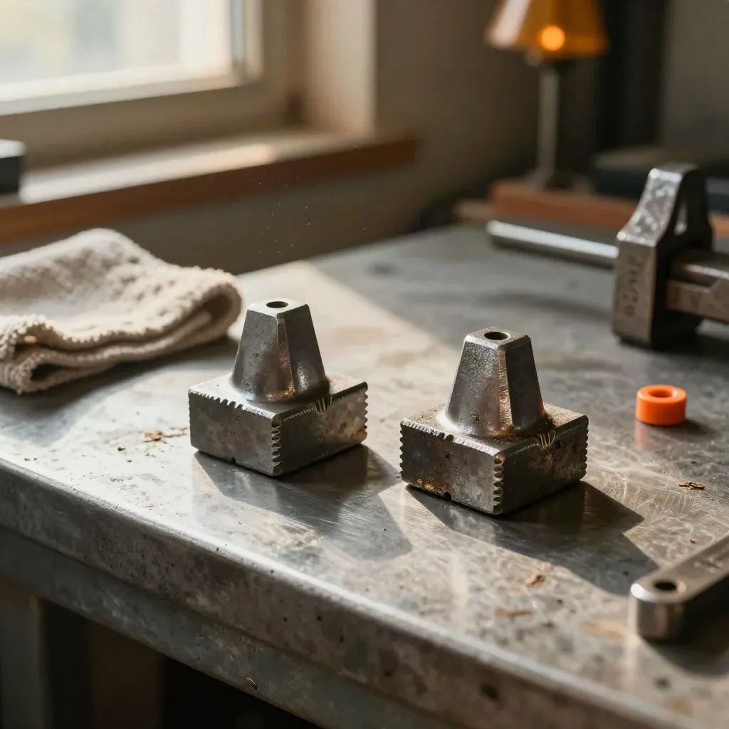 Deux pièces d’usure neuves à côté d’une pièce source ternie dans un atelier chaleureux.