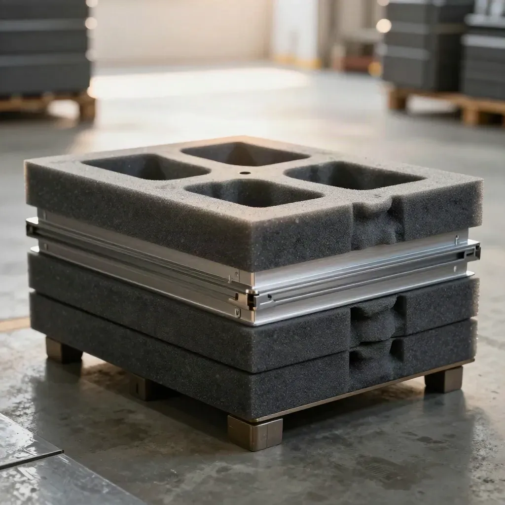 Lot de pièces conformes sur mousse technique, prêt à expédier, avec bacs de retour vides.