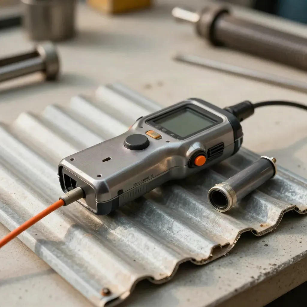 Vibromètre portable, sonde thermique et filtre de rechange sur tôle striée, poussière fine.