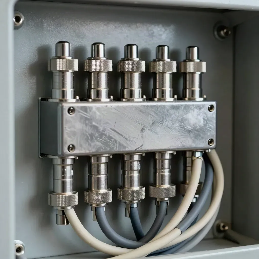 Gros plan de raccords inox, presse-étoupes, bornier fermé et câbles gainés sur platine graphite.