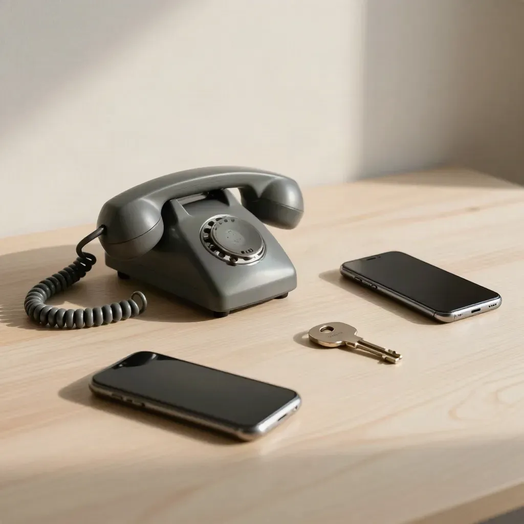 Téléphone industriel, combiné de travers, clé de service et smartphone éteint sur bois clair.