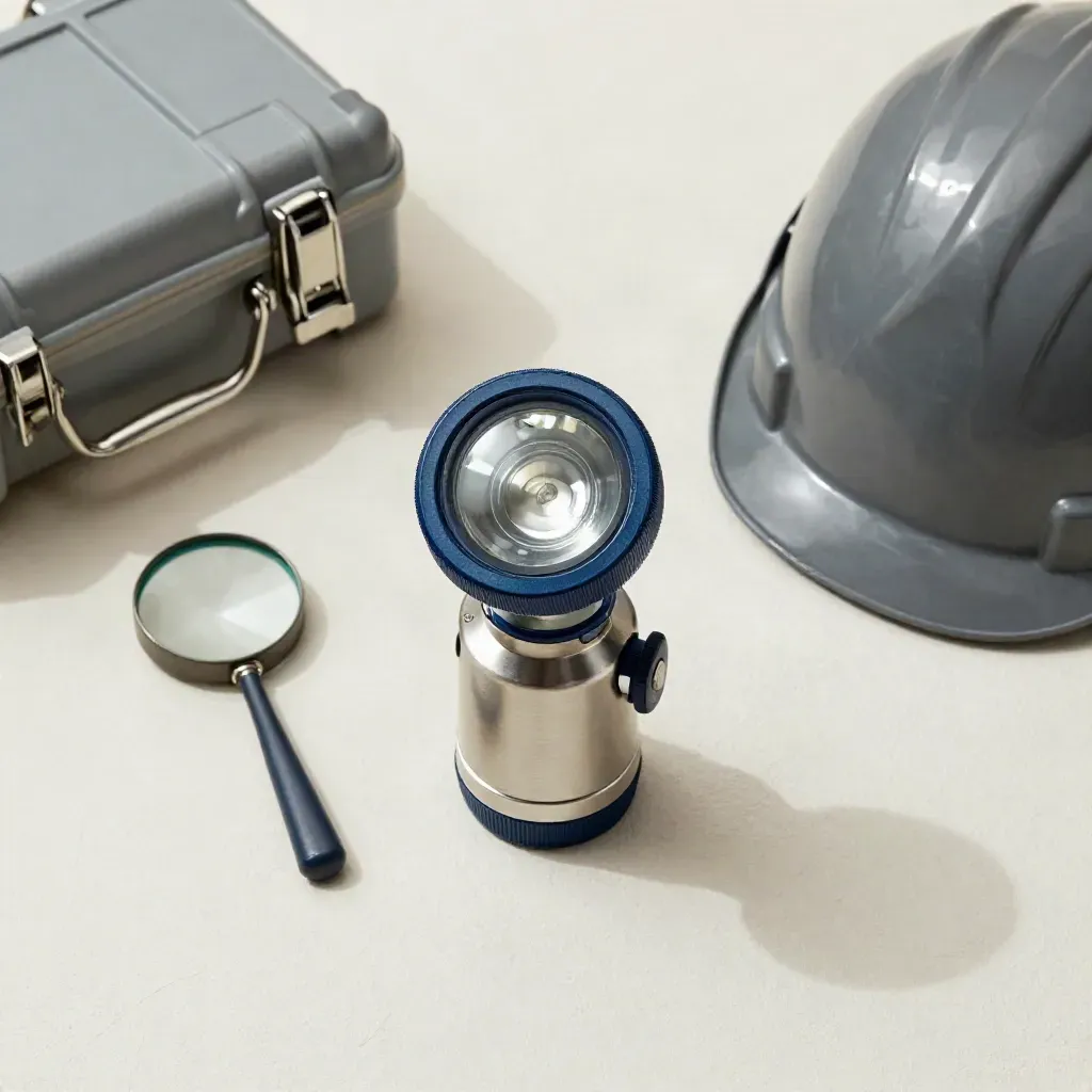 Kit de visite avec lampe, miroir d’inspection, casque et boîtier sur fond clair.