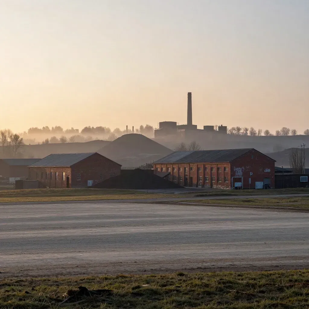 Terrils et briques rouges d’un ancien site minier dans la brume dorée près de Lille.
