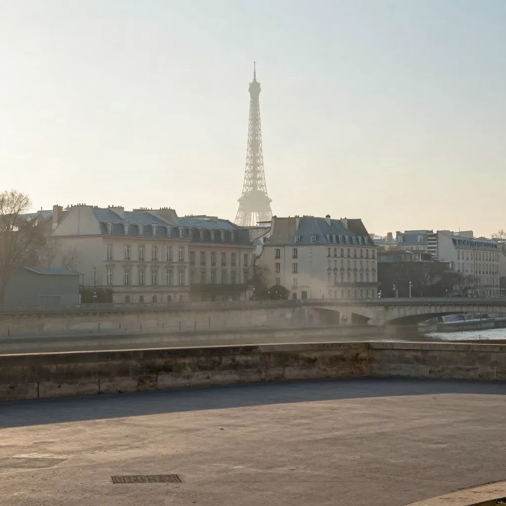Tour Eiffel lointaine au-dessus des toits parisiens pâles et d’un quai vide dans une brume dorée