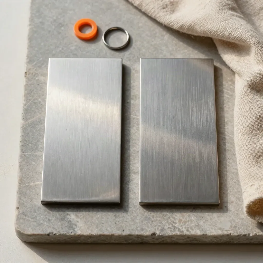 Deux plaques d’essai métalliques, séparateur nu et anneau vierge sur tray pierre claire.