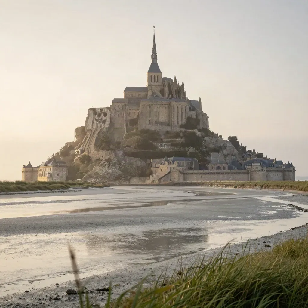 Le mont Saint-Michel au lever du jour, dans la brume au-dessus des prés salés.