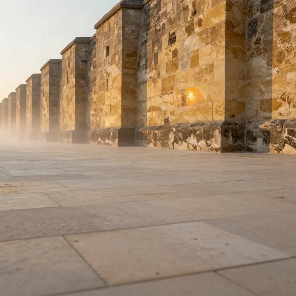 Blocs de pierre de Jaumont et remparts lointains de Metz dans une brume dorée.