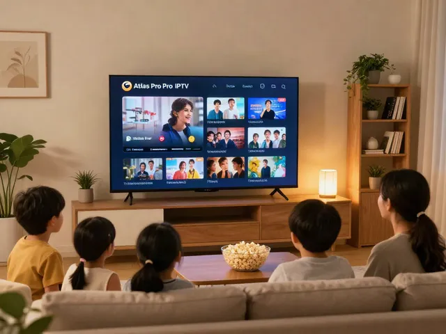 Famille profitant de l'application Atlas Pro IPTV sur un grand téléviseur dans le salon