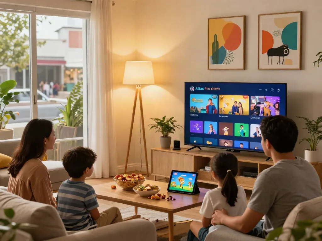 Famille regardant Atlas pro ontv dans un salon moderne avec télévision et tablette.