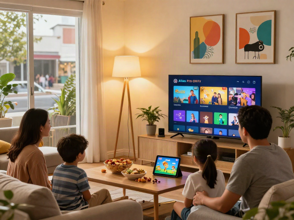 Famille regardant Atlas pro ontv dans un salon moderne avec télévision et tablette.